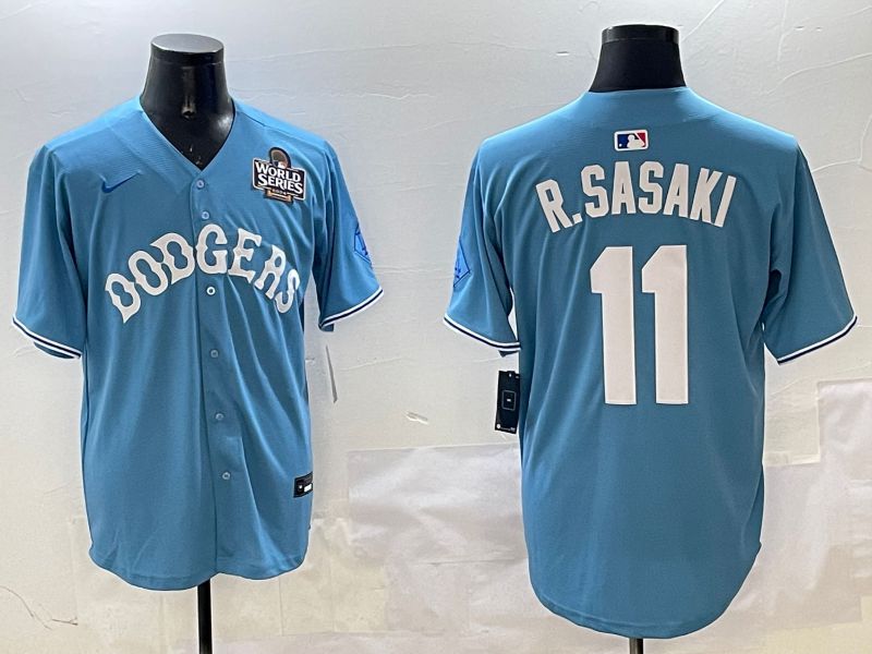 Men Los Angeles Dodgers #11 R.Sasaki Light Blue Joint Name 2025 Nike MLB Jersey style 3